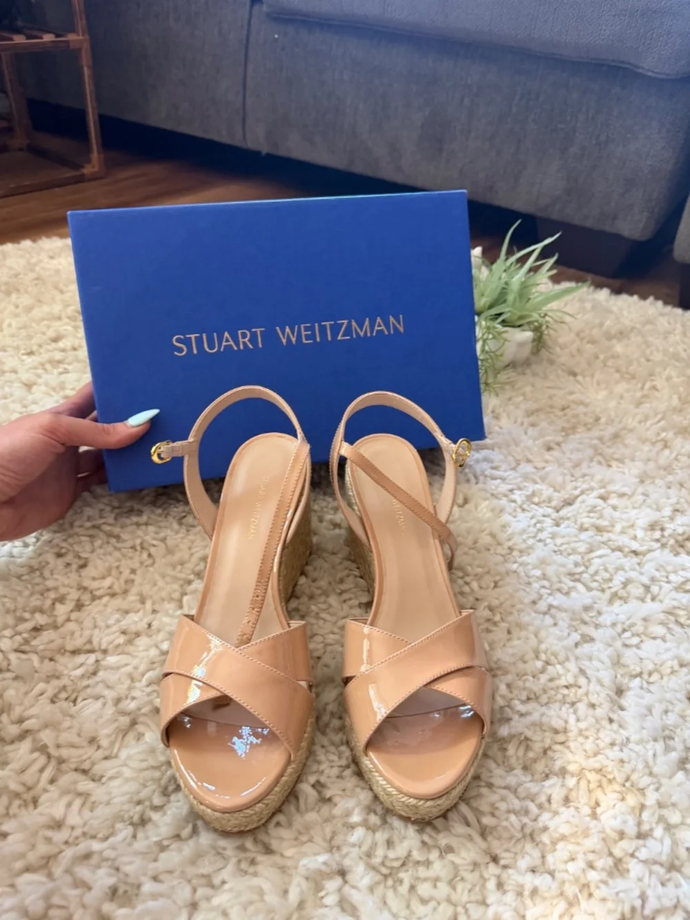 Patent leather wedge sandals NWT Stuart Weitzman Patent Nude/Tan Espadrille Wedg